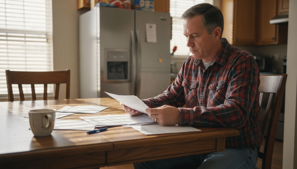 Homeowner reviews warranty documents at kitchen table