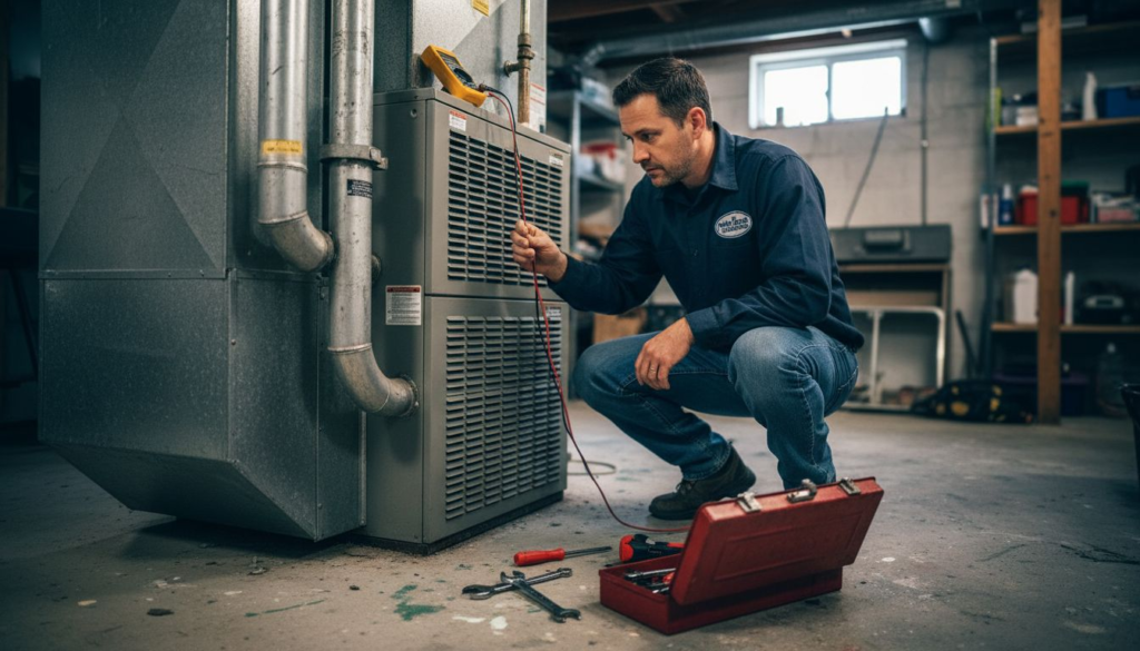 Technician inspecting HVAC unit in basement
