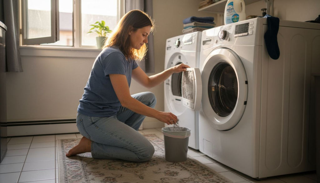 Homeowner cleaning lint trap in sunlit laundry room