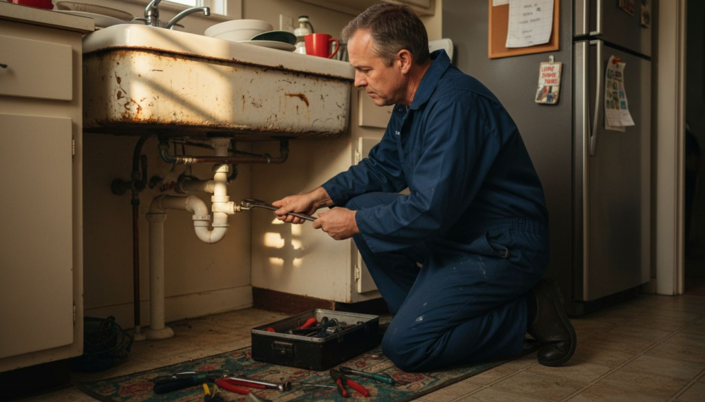 Plumber inspecting kitchen pipes under sink