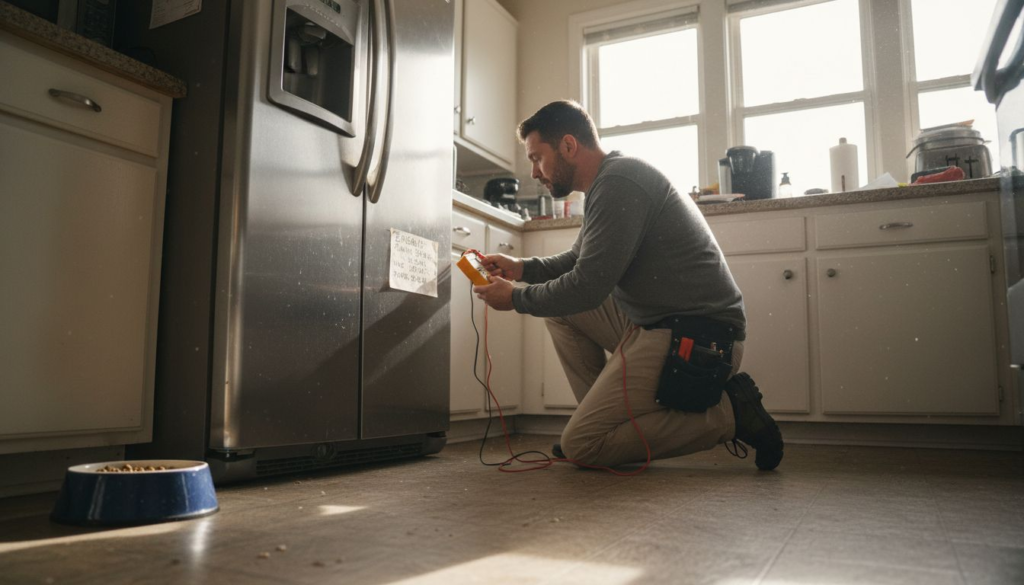 Electrician checking appliance grounding in kitchen