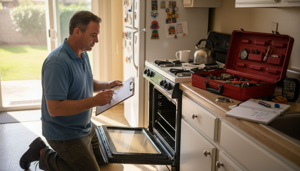 Technician inspecting kitchen appliance in California home