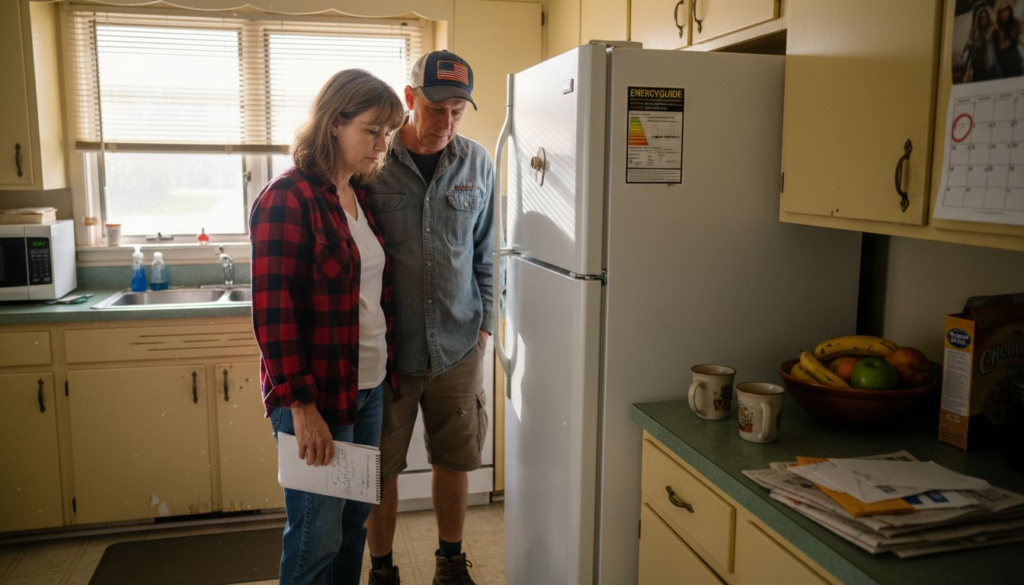 Homeowners inspecting appliance energy label in kitchen