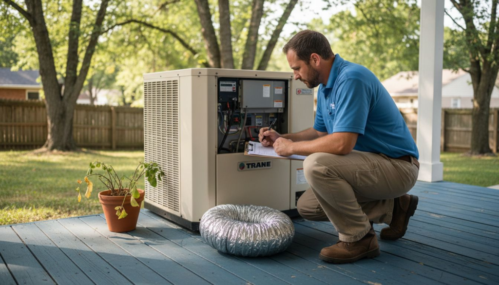 Technician inspecting outdoor HVAC system