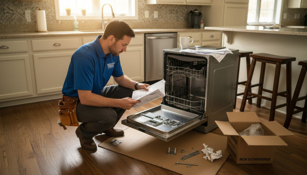 Technician reading manual beside new appliance