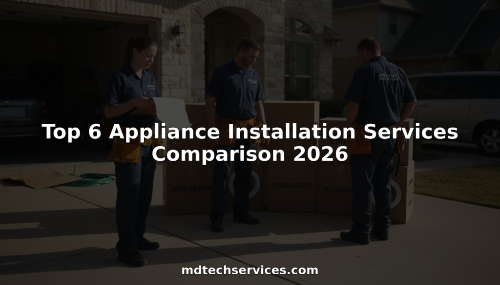 Technician team with various appliance boxes outside suburban garage