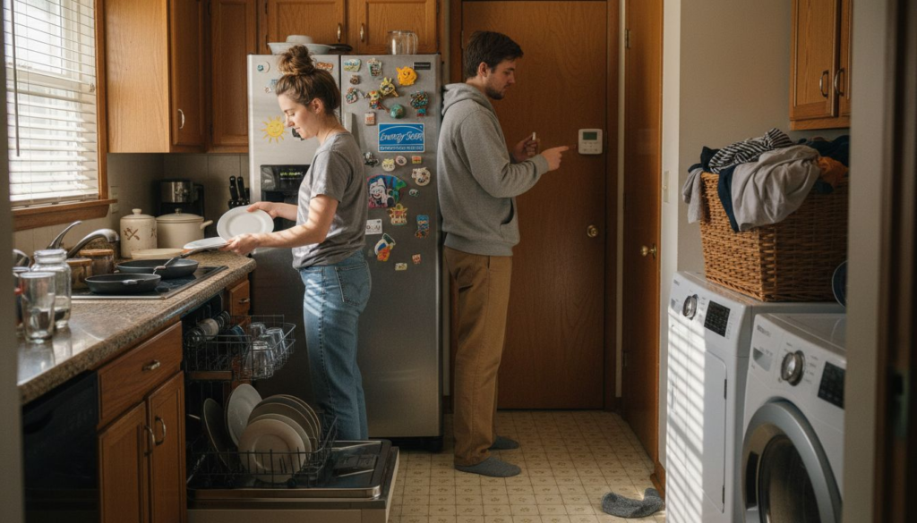 Couple loading dishwasher with energy-efficient appliances in kitchen