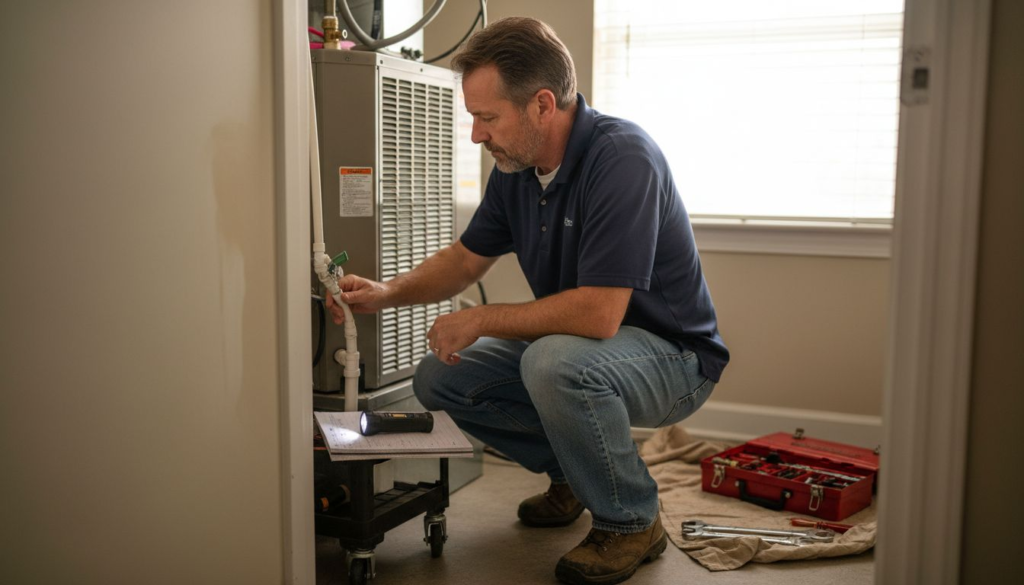 Technician inspecting HVAC drain line in closet