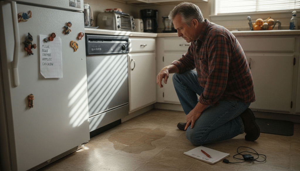 Homeowner checks leaking appliance in kitchen