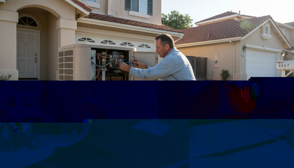 Technician examines HVAC outdoor unit