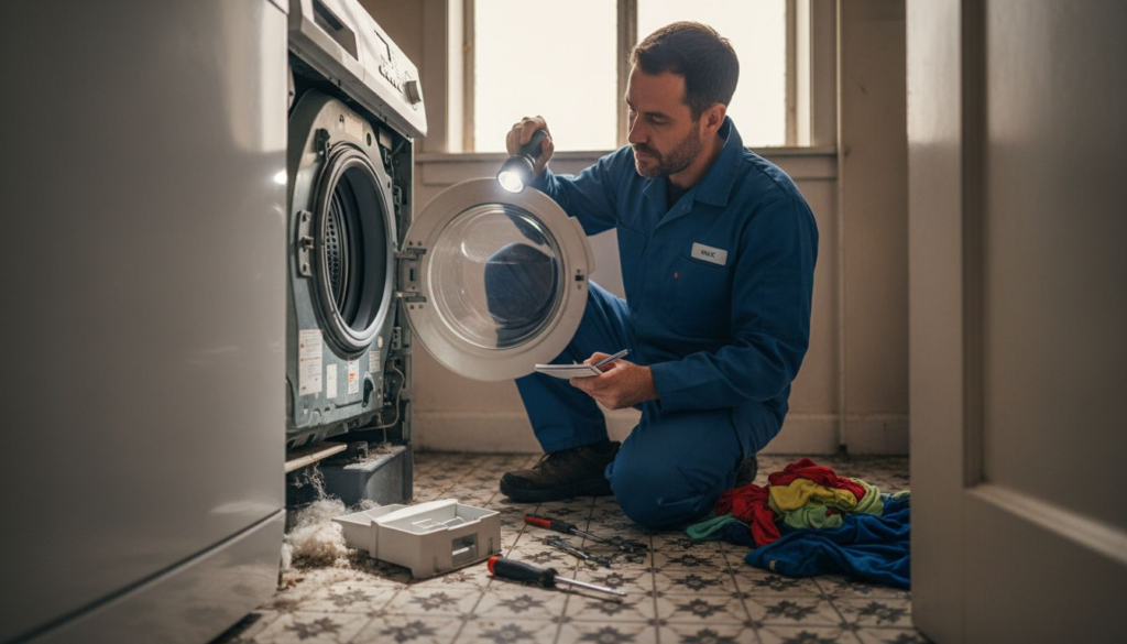 Technician examining noisy laundry appliance