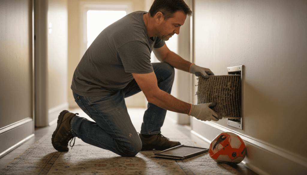 Homeowner examining dusty HVAC filter in hallway