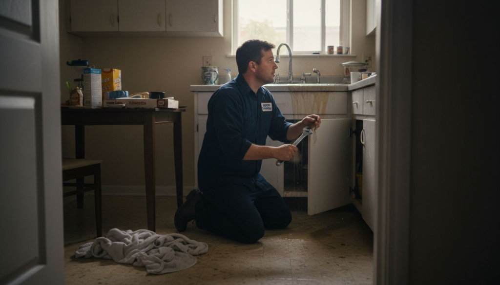 Plumber fixing urgent leak in kitchen