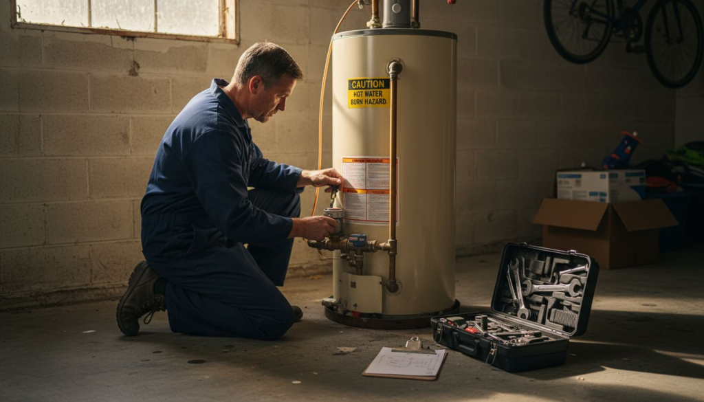 Technician upgrading gas appliance in garage