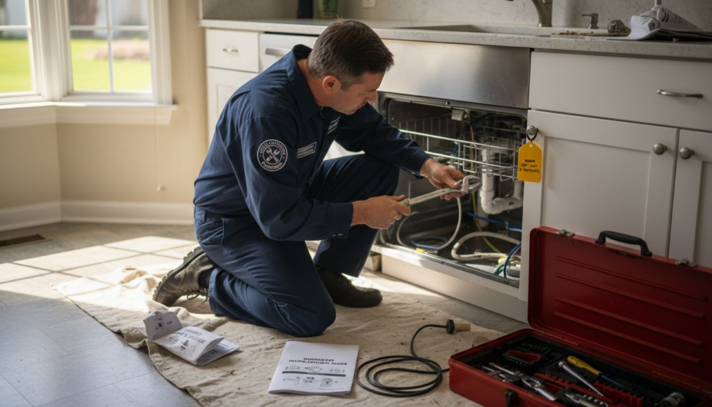 Licensed plumber installing kitchen appliance