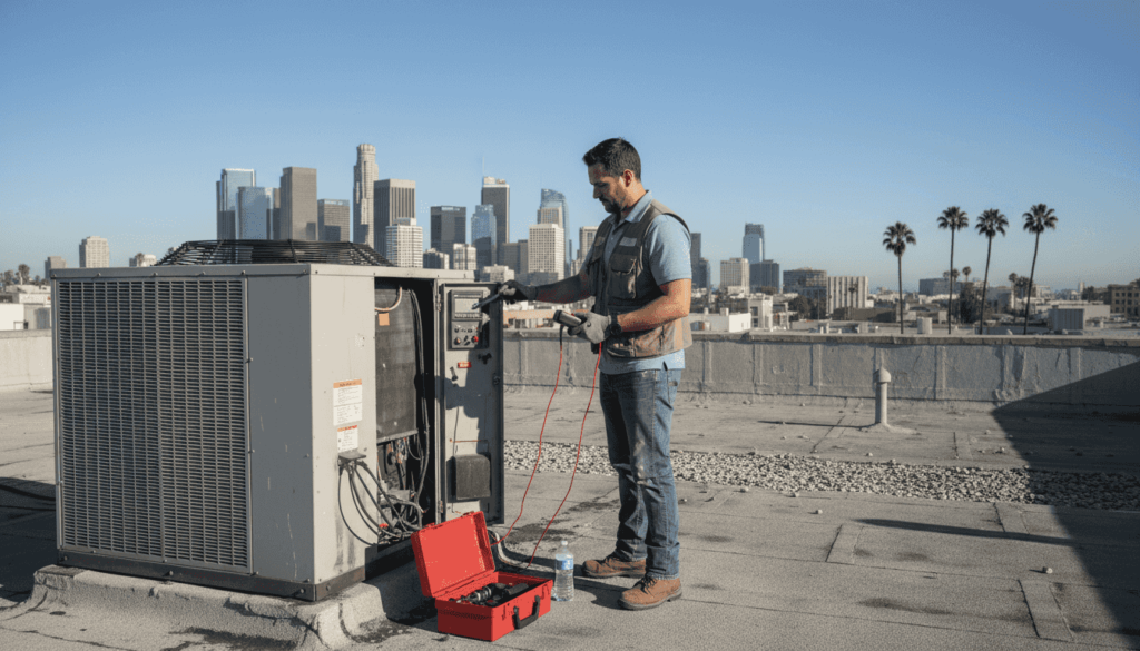 HVAC technician servicing rooftop unit in LA