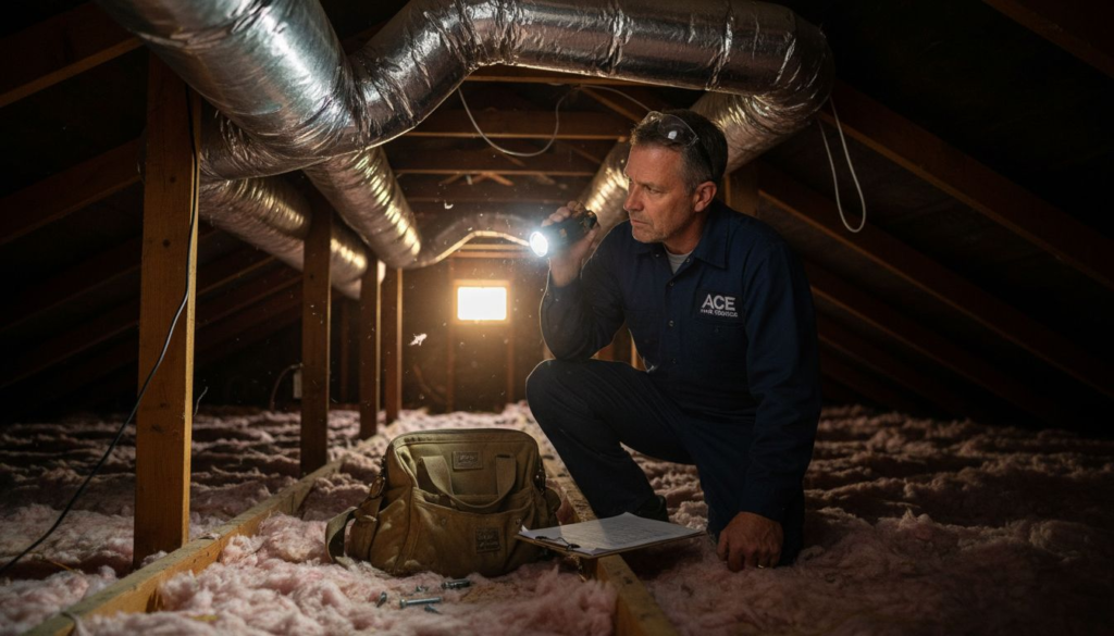Technician inspecting attic HVAC ductwork