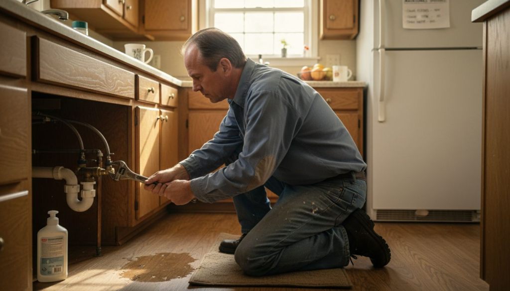 Plumber inspecting pipes under kitchen sink