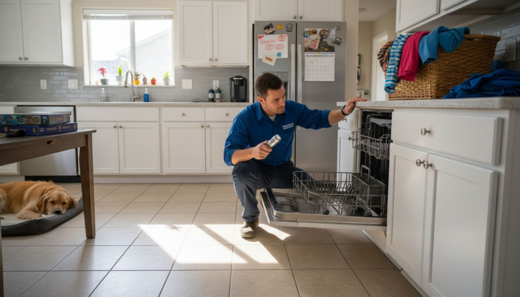 Technician fixing dishwasher in bright kitchen