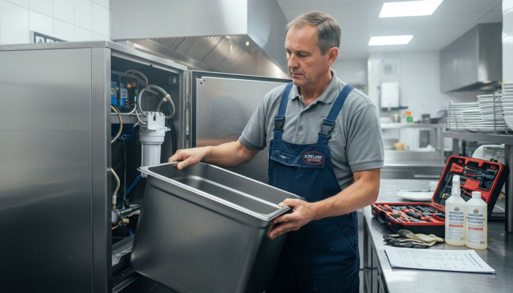 Technician servicing hotel ice machine open panel