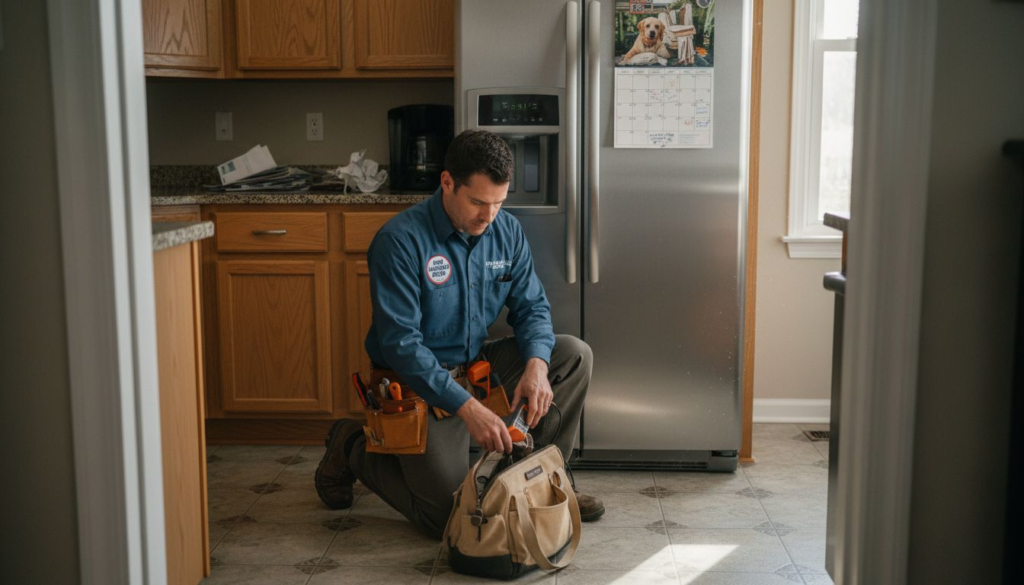 Technician starting appliance service call in kitchen