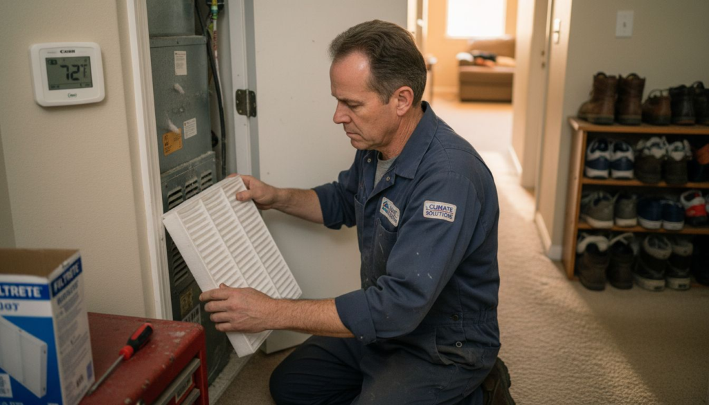 Technician replacing HVAC filter in home hallway