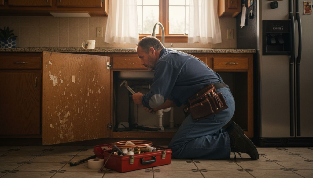 Plumber fixing pipe under kitchen sink