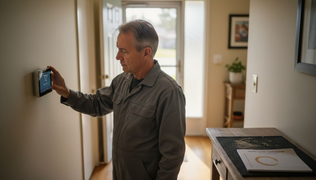 Technician installing smart thermostat in hallway