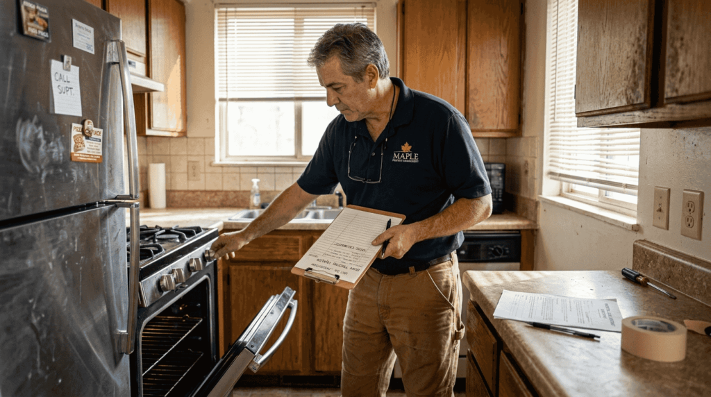 Landlord inspecting appliances in apartment kitchen