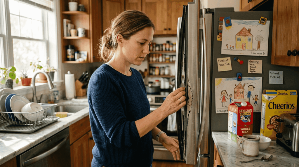 Woman inspecting refrigerator seal for faults
