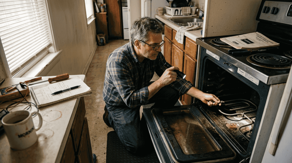 Homeowner inspecting oven heating element