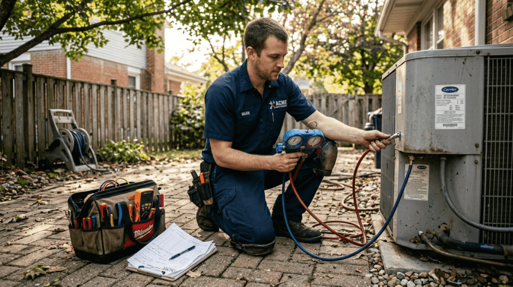 Technician recharging refrigerant at home HVAC