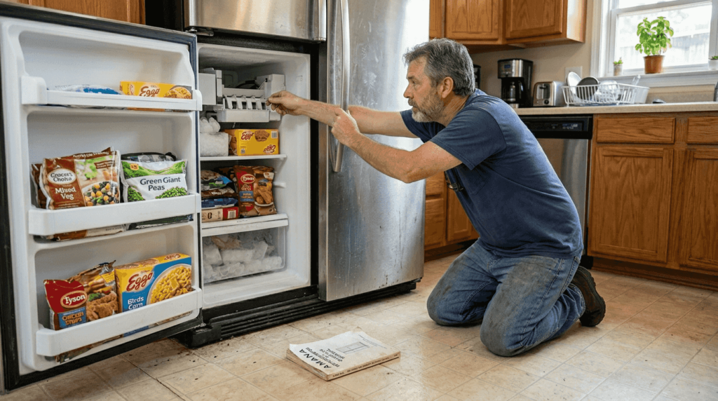 Homeowner inspecting ice maker in kitchen