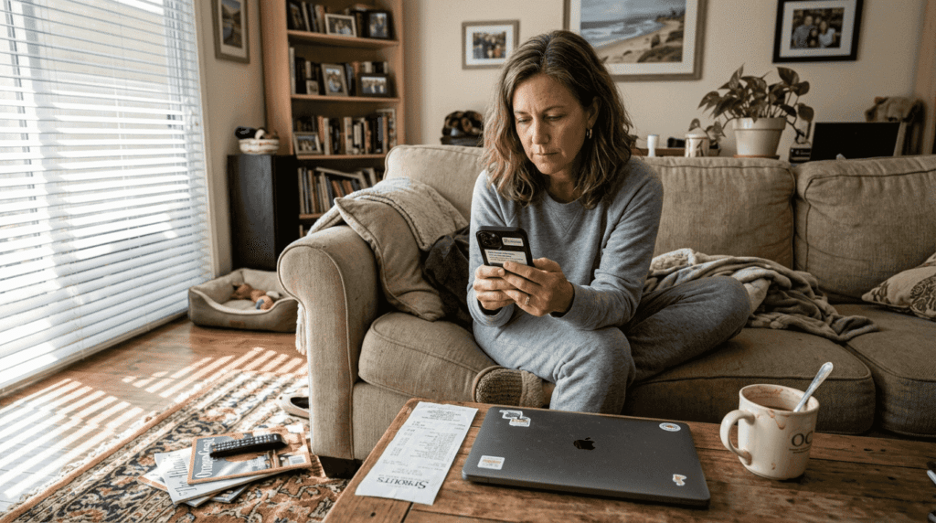 Woman booking repair service via smartphone