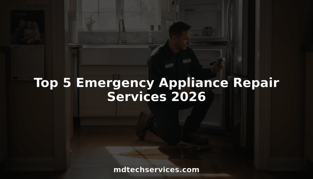 Repair technician fixing fridge in bright kitchen