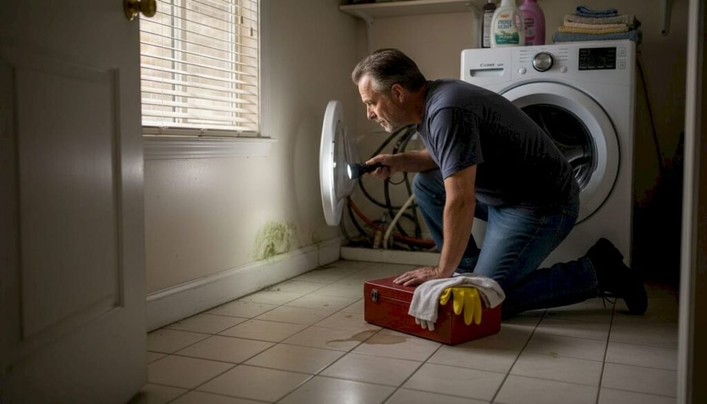 Homeowner inspecting laundry room for leaks