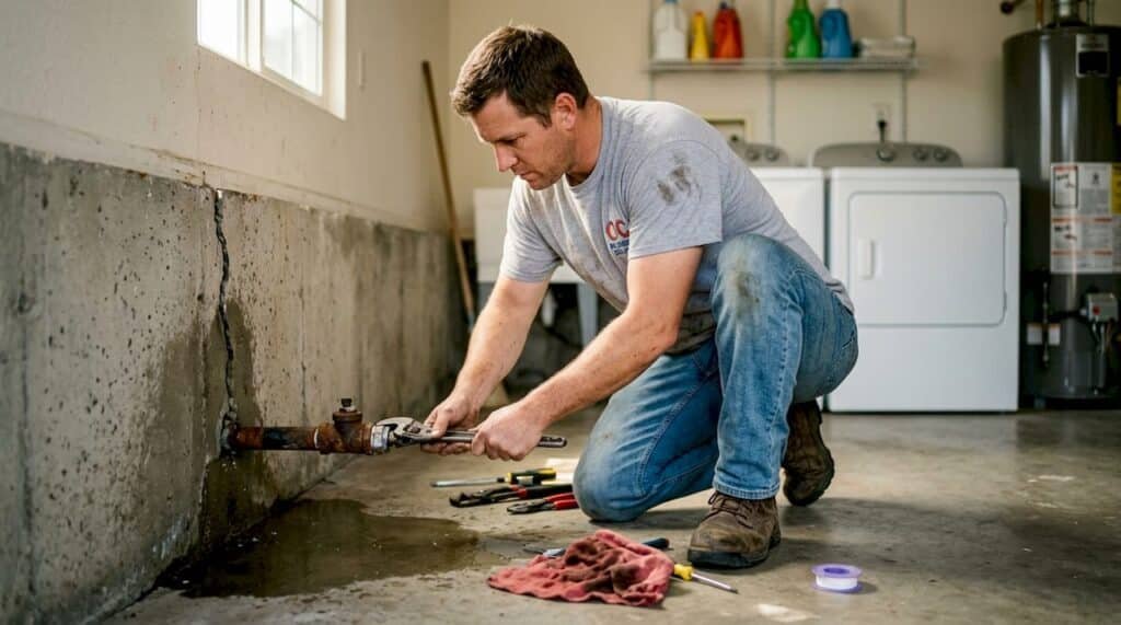 Plumber repairing slab leak in Orange County home