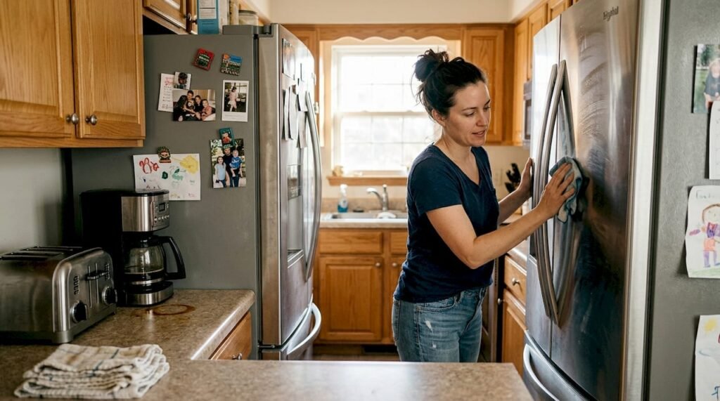 Woman cleaning refrigerator in home kitchen