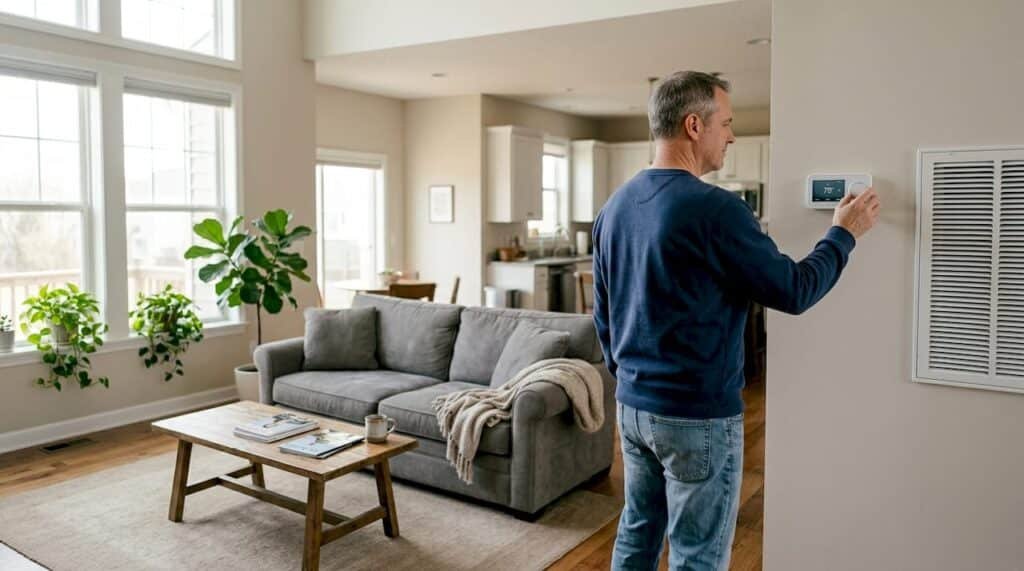 Homeowner adjusts humidifier in living room