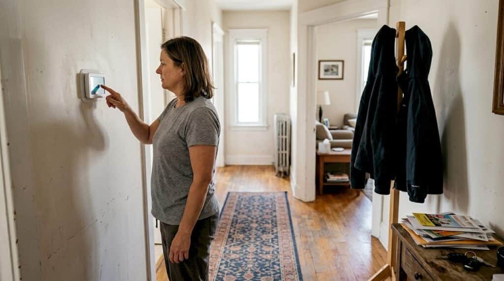 Homeowner adjusting thermostat in hallway