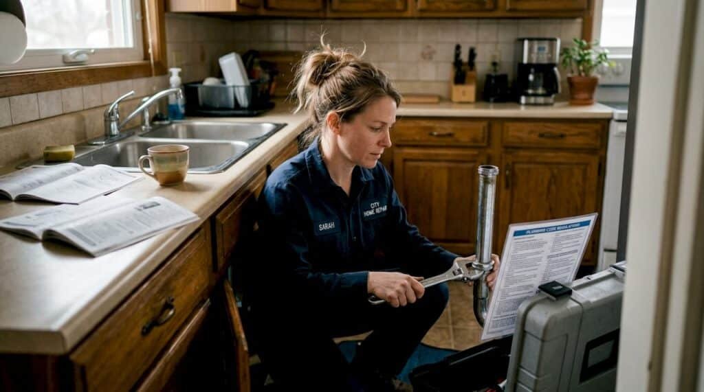Technician repairing sink referencing code sheet