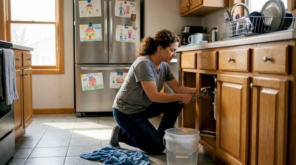 Homeowner fixing kitchen pipe during emergency