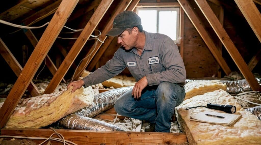 HVAC technician inspects attic insulation