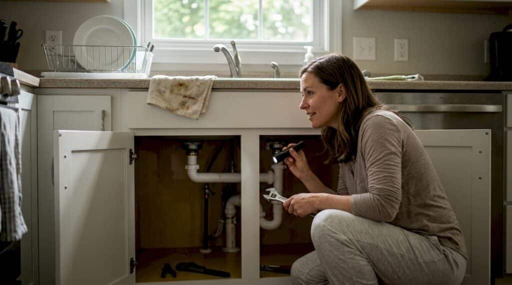 Homeowner inspecting pipes under kitchen sink