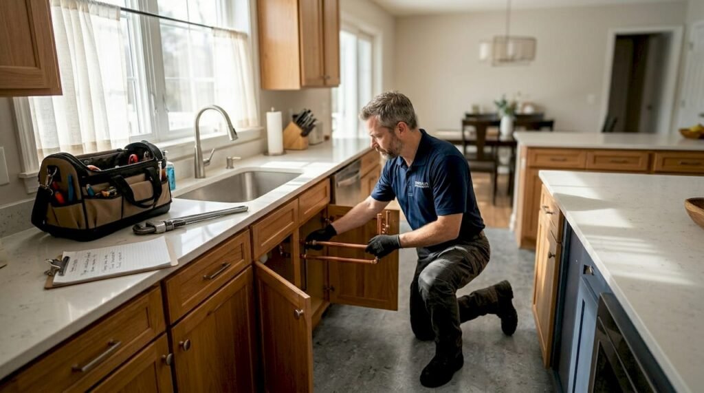 Plumber inspecting pipes under kitchen sink