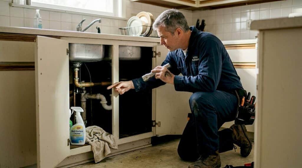 Plumber checking pipes under kitchen sink