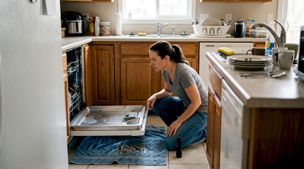 Woman checking leak at open dishwasher