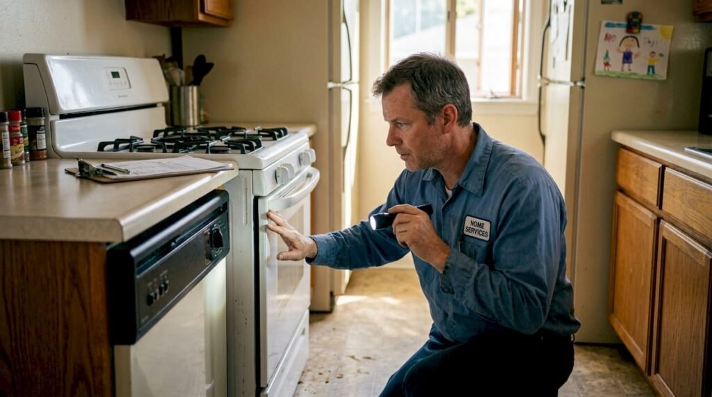 Licensed technician inspecting kitchen stove