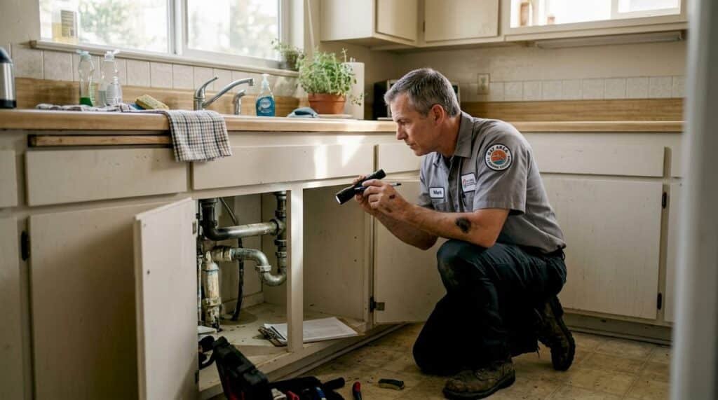 Plumber inspecting kitchen pipes in home