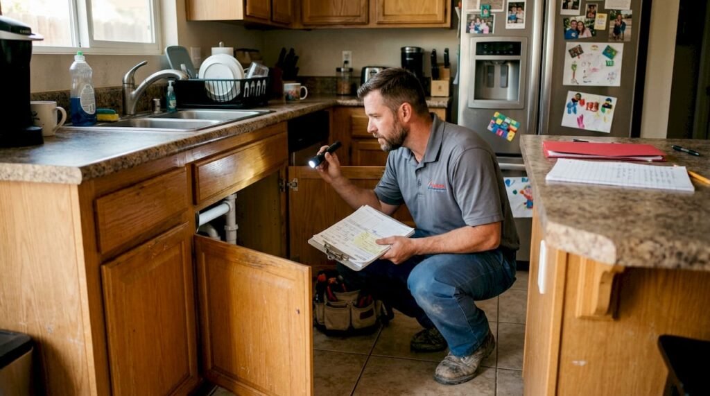 Plumber inspecting kitchen pipes in California home